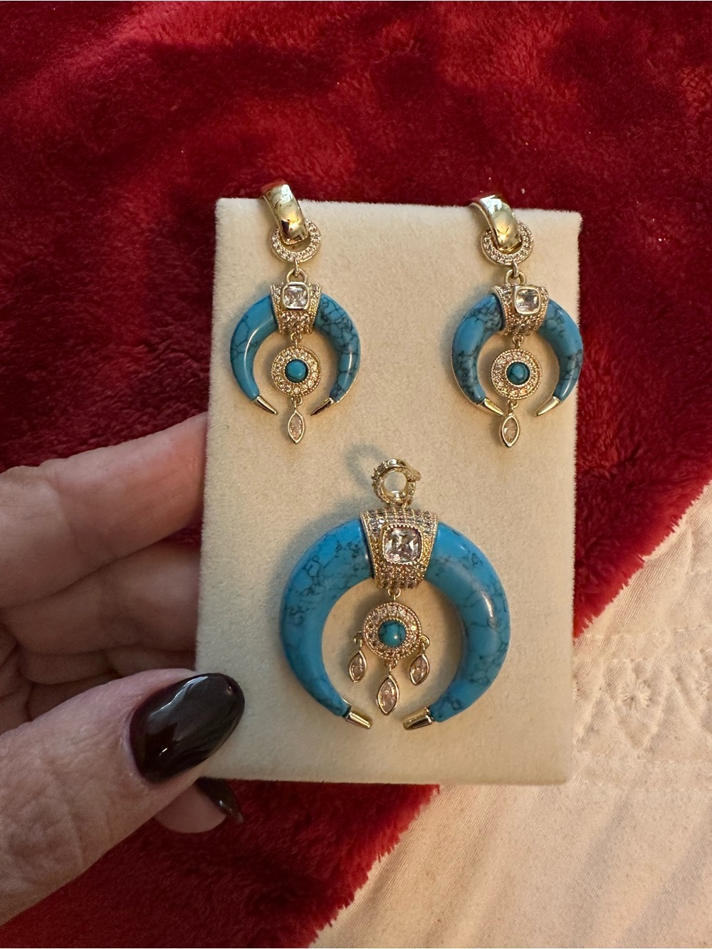 Gold-Tone Turquoise Crescent Pendant & Earrings Set